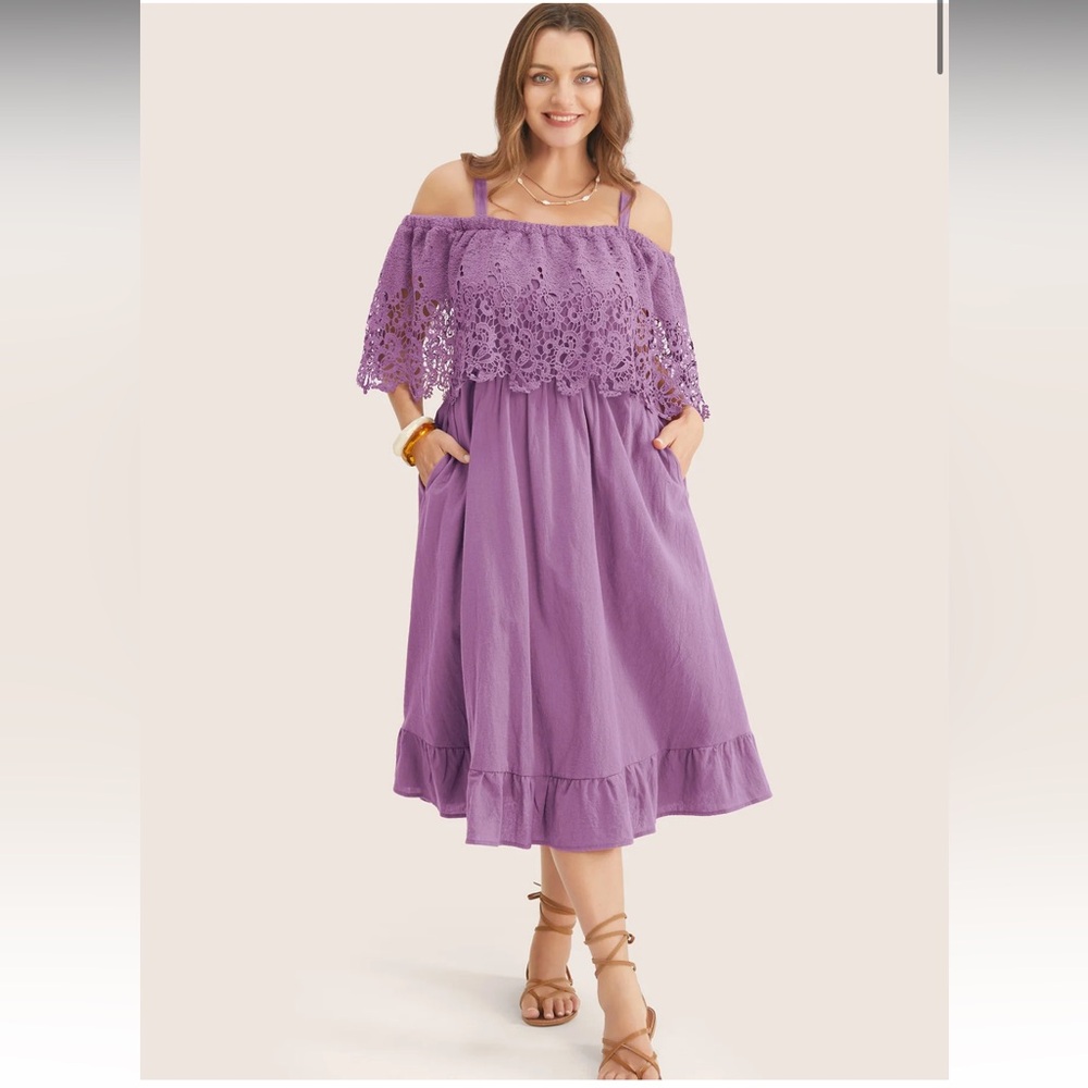 Bloomchic Solid Cold Shoulder Contrast Lace Pocket Ruffle Hem Midi Dress Purple